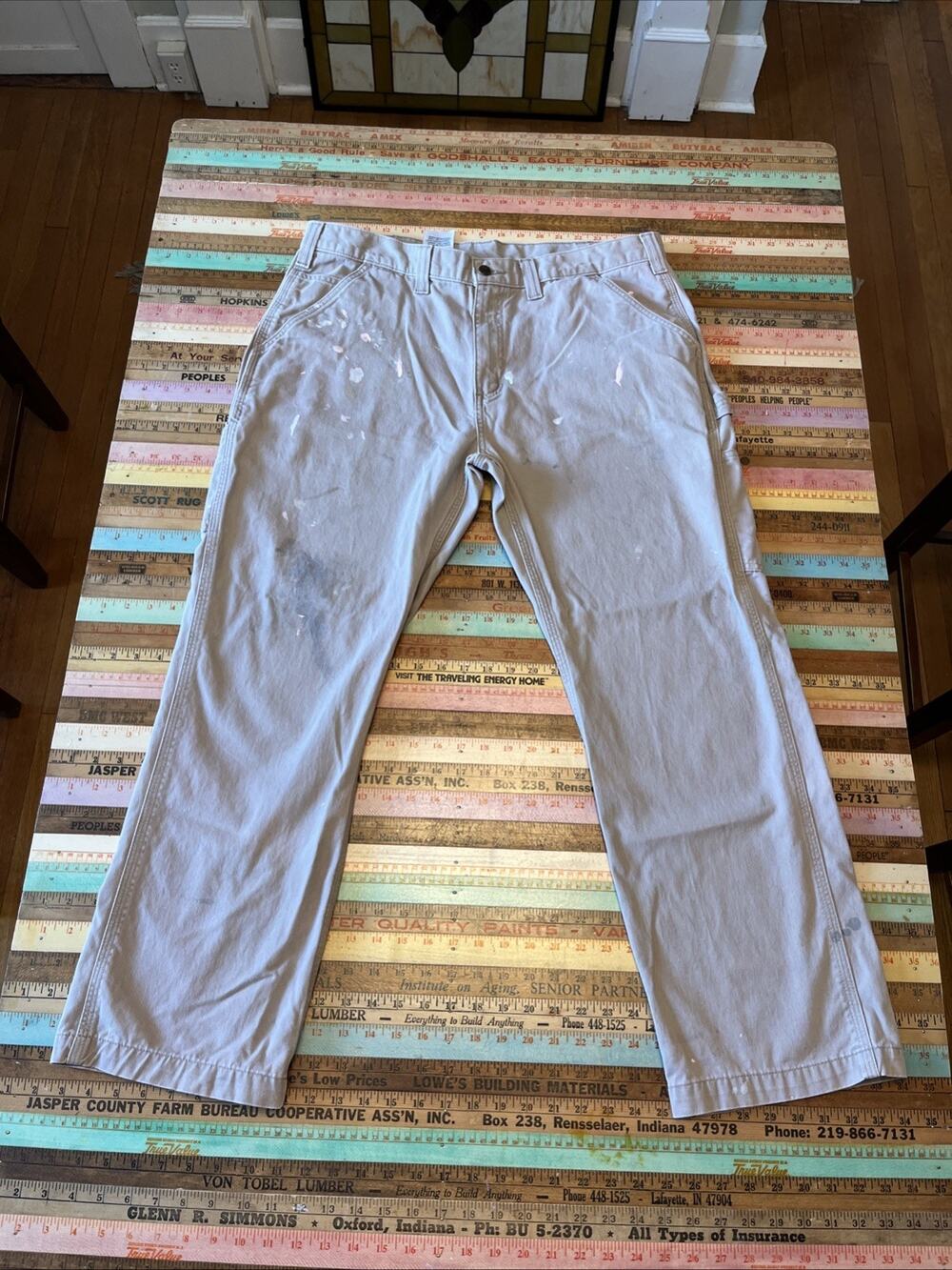 Carhartt Canvas Work Pants Mens 38x30 Khaki Utility Carpenter Cotton Paint Splat